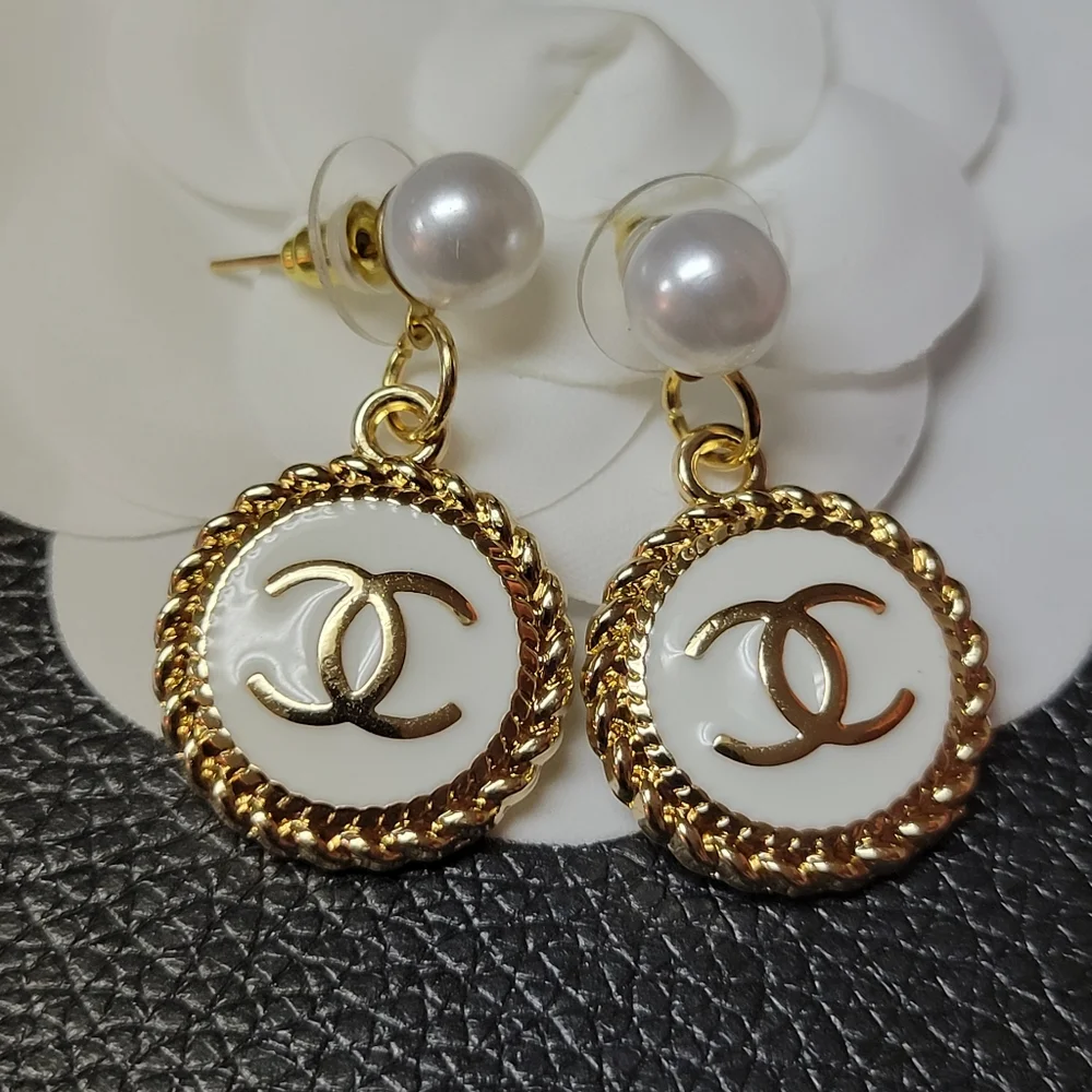 Custom-Made Gold & White CC Drop Earrings with Pearl Stud